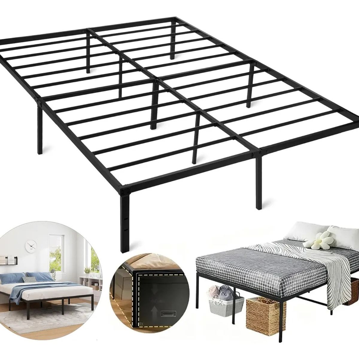EVERSO - Base De Cama De Metal 2 Plazas 150x190x35cm Negro