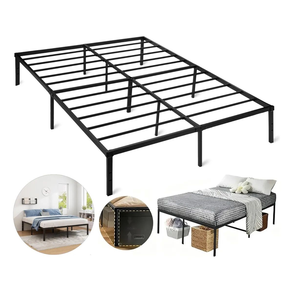 EVERSO - Base De Cama De Metal 2 Plazas 150x190x35cm Negro