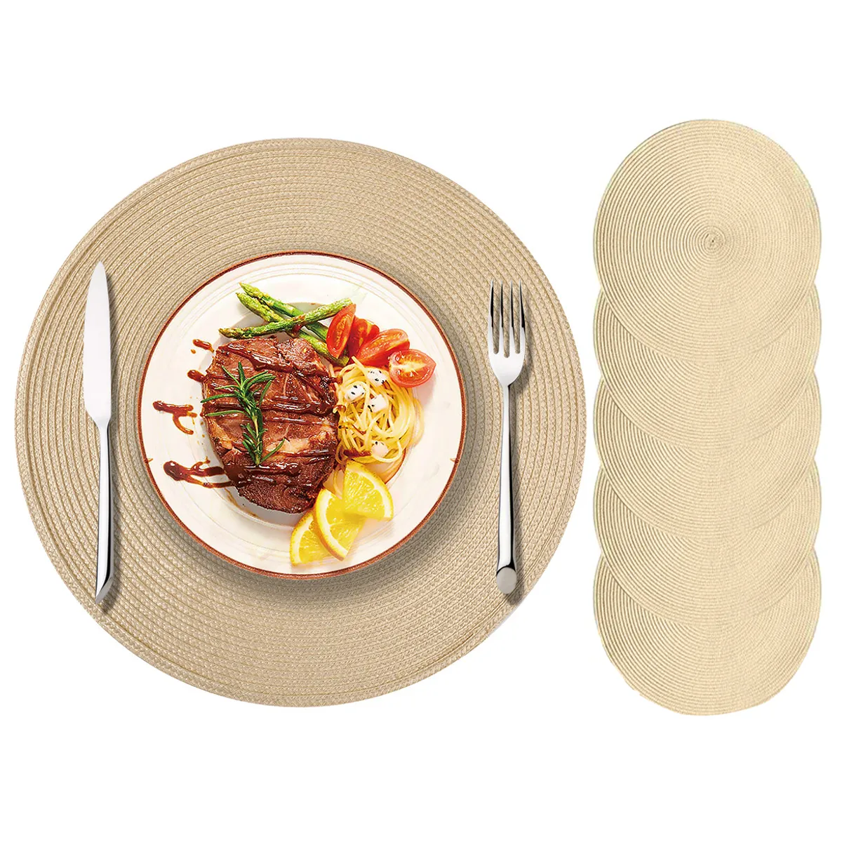 EINICIO - Juego de 5 Manteles Individuales Redondos Trenzados 38cm-Beige