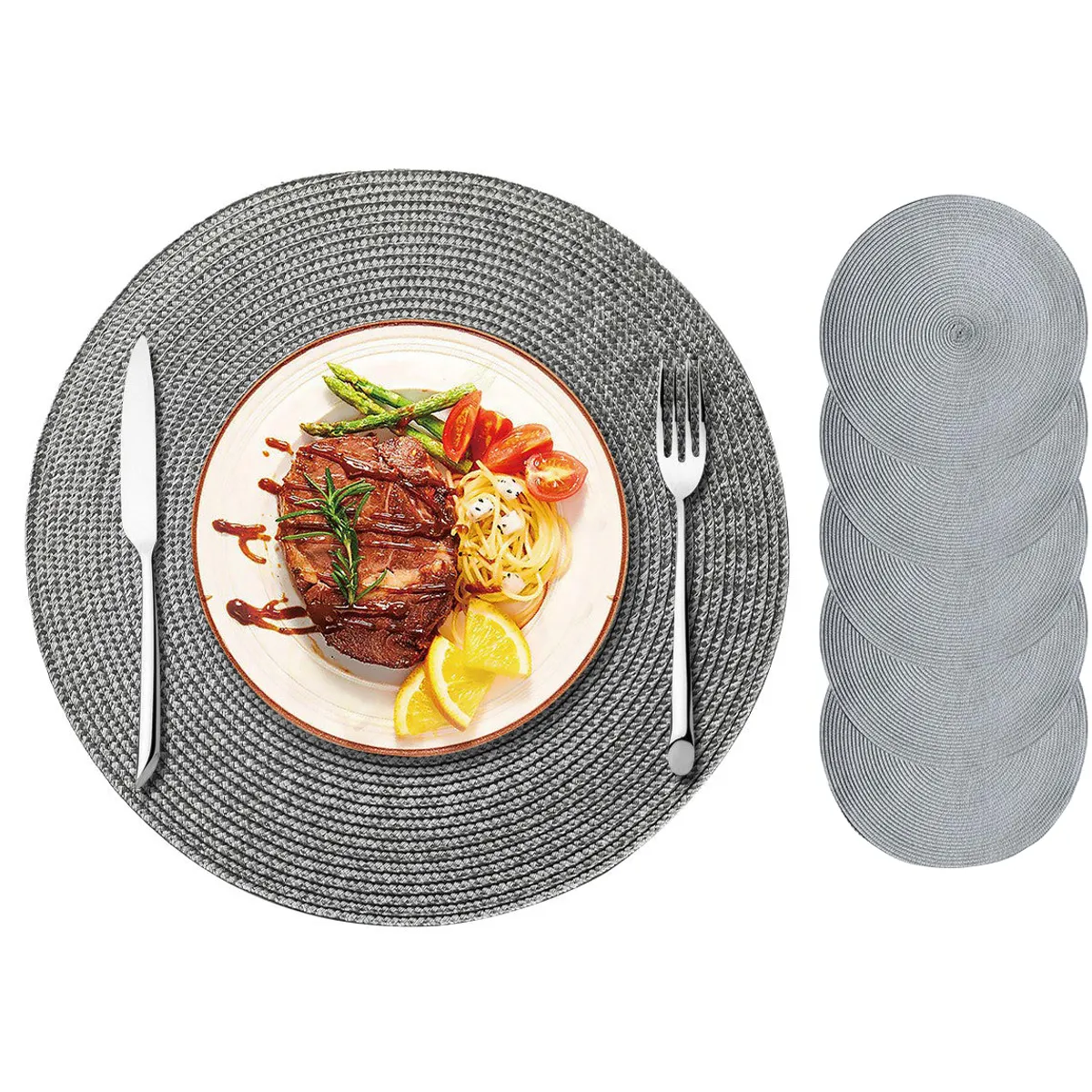 EINICIO - Juego de 5 Manteles Individuales Redondos Trenzados 38cm-Gris