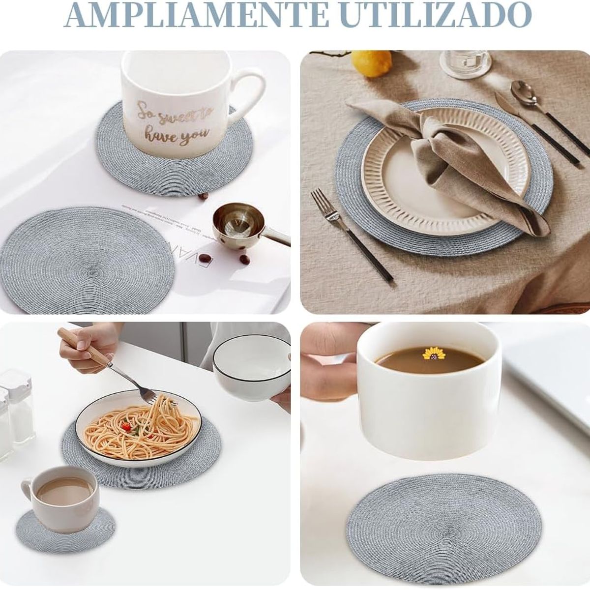 EINICIO - Juego de 5 Manteles Individuales Redondos Trenzados 38cm-Gris
