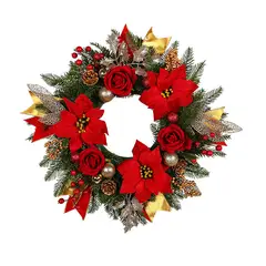 GANGLIAN - Corona Navideña Roja 45cm con Rosas y Bolas para Puerta Pared y Jardín
