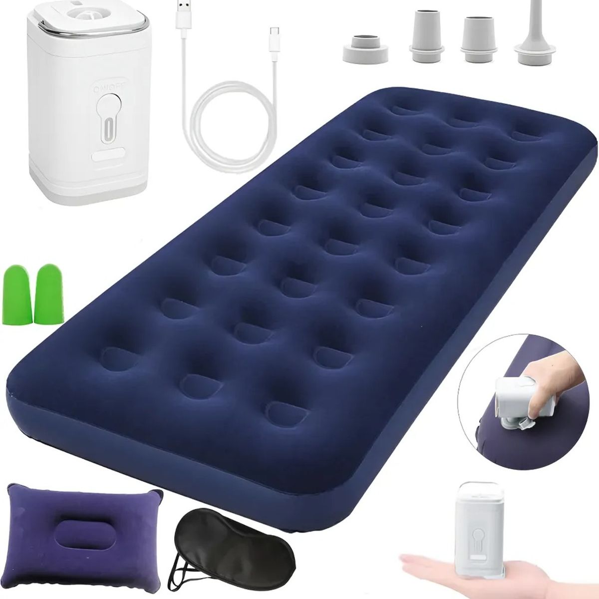 EVERSO - Colchón Inflable Individual 1 Plaza Con Almohada Y Inflador - Azul