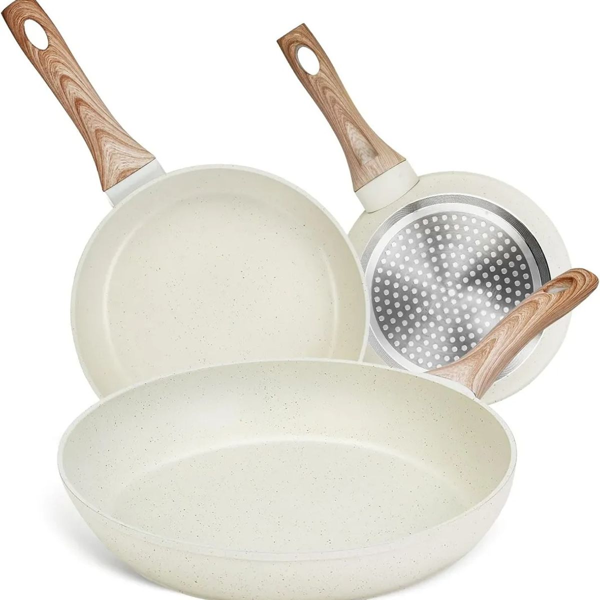 EVERSO - Juego De 3 Bateria Cocina Sartenes Antiadherentes Con Tapas - Blanco