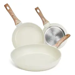 EVERSO - Juego De 3 Bateria Cocina Sartenes Antiadherentes Con Tapas - Blanco