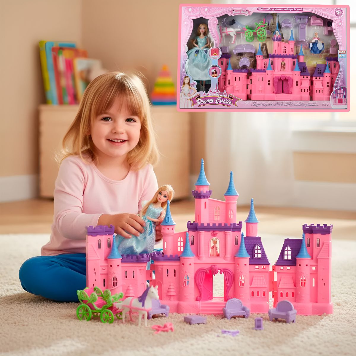 HOMEBRANDT - Castillo Con Princesas Y Carruaje Niñas Casa 2 Muñecas 55cm