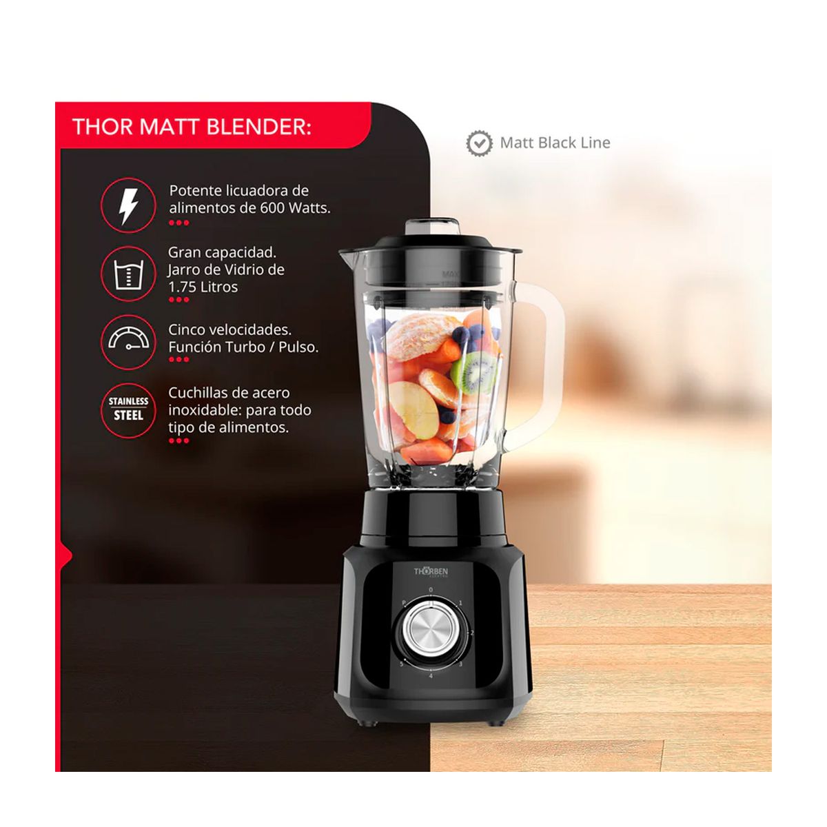 THORBEN - Licuadora Thorben Matt Black Blender 1.75L 600W 5 Vel