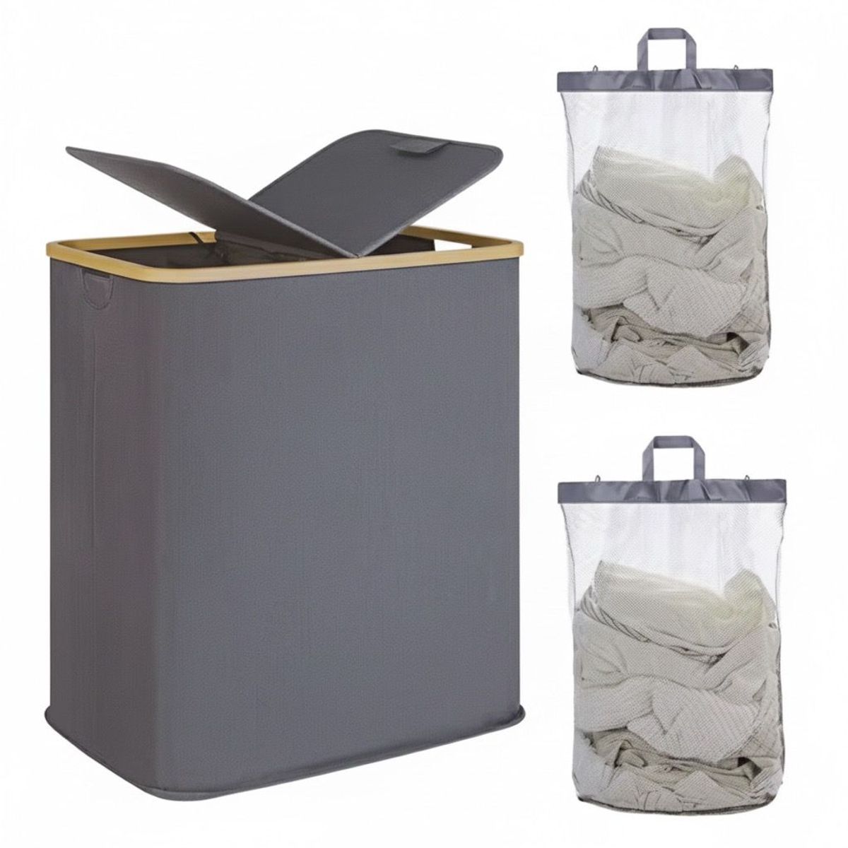 WAKESHOME - Cesto Doble Ropa Sucia con Tapa Plegable Canasto Bambú Rectangular