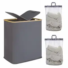 WAKESHOME - Cesto Doble Ropa Sucia con Tapa Plegable Canasto Bambú Rectangular