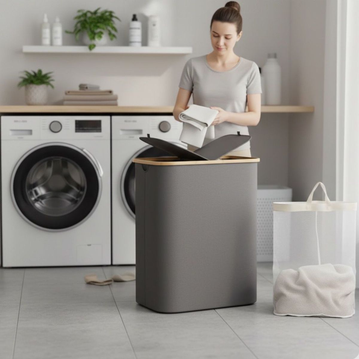 WAKESHOME - Cesto Doble Ropa Sucia con Tapa Plegable Canasto Bambú Rectangular