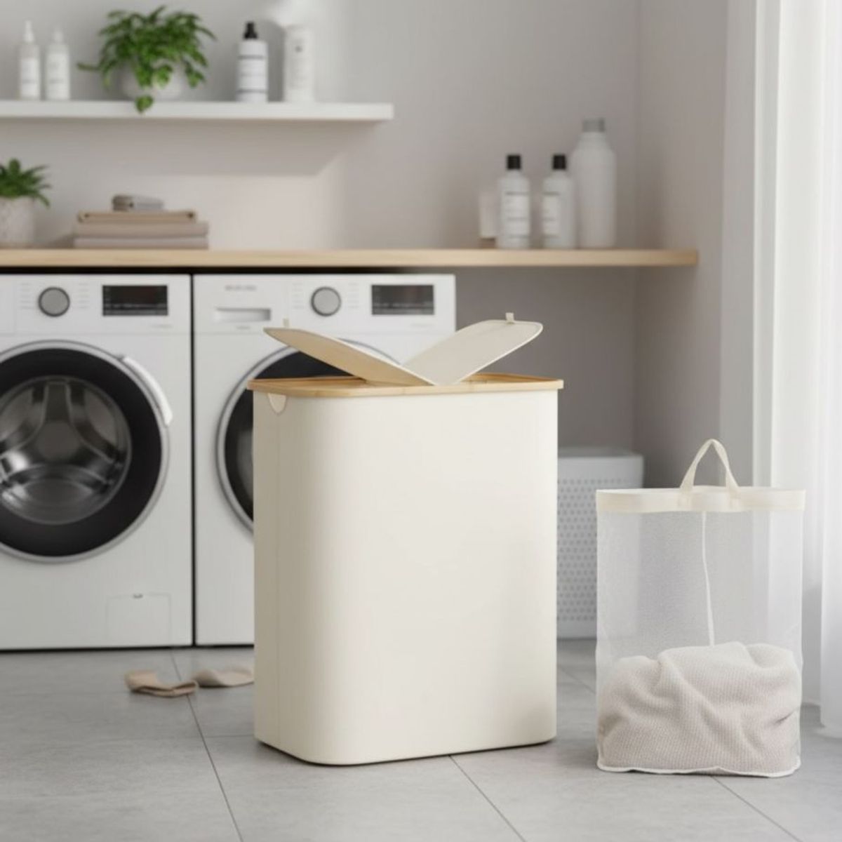 WAKESHOME - Cesto Doble Ropa Sucia con Tapa Plegable Canasto Bambú Rectangular