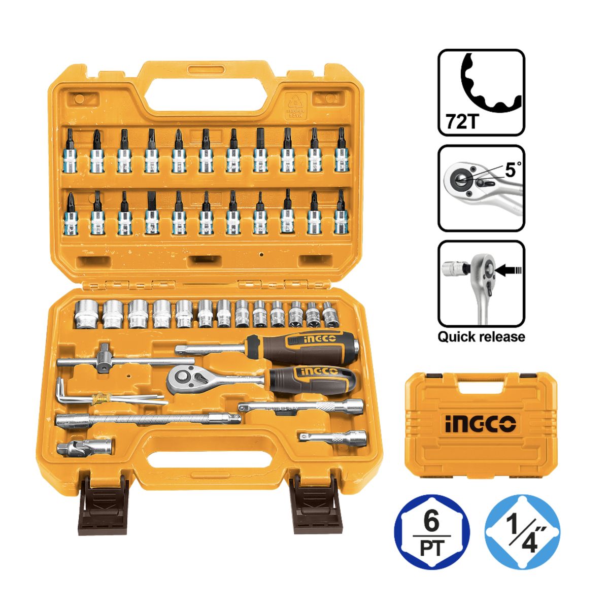 INGCO - Set Dados Y Chicharra Industrial 46 Piezas 1/4" Ingco