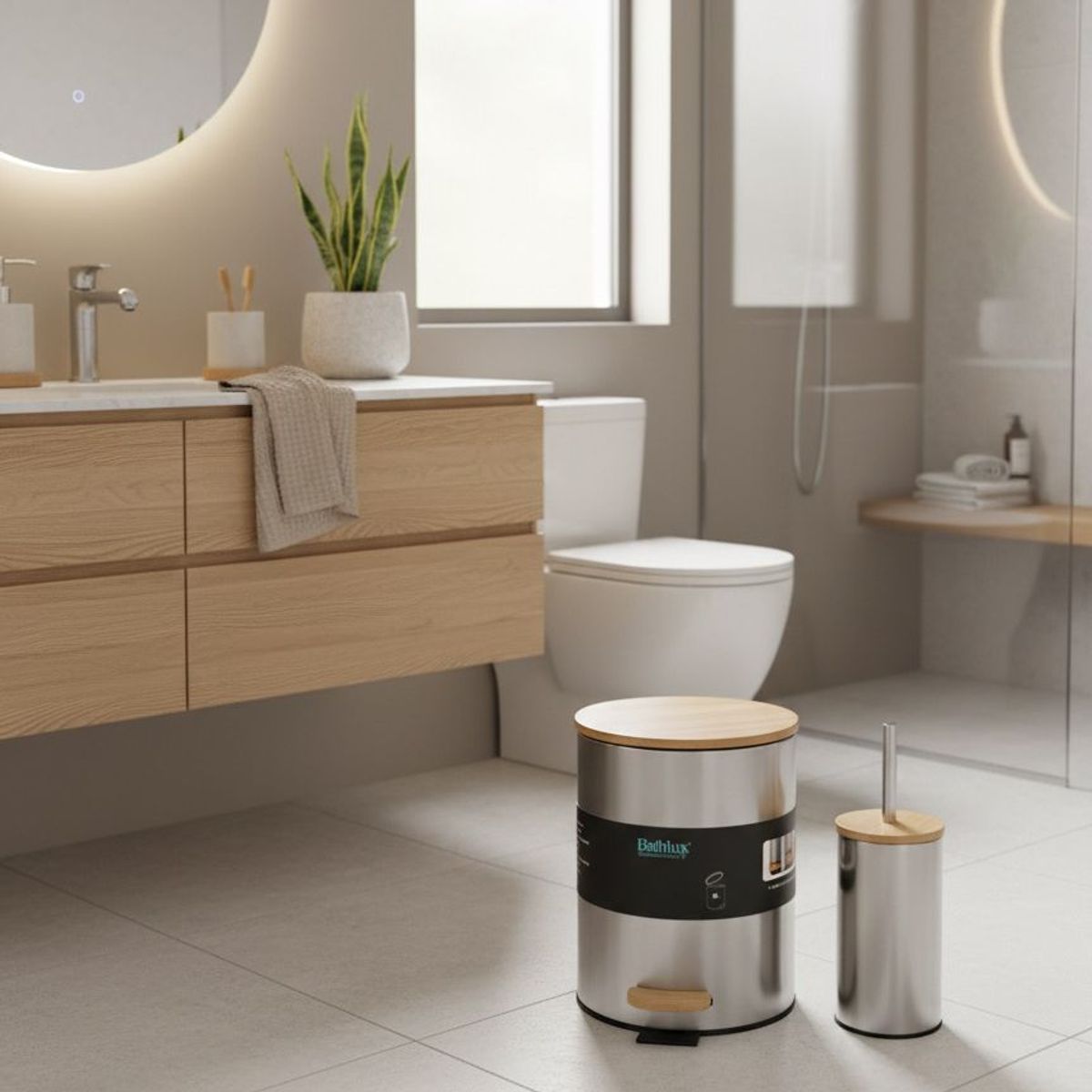 WAKESHOME - Papelera Bathlux Cilíndrica 5L Cubo de Basura Acero Inoxidable Y Bambú