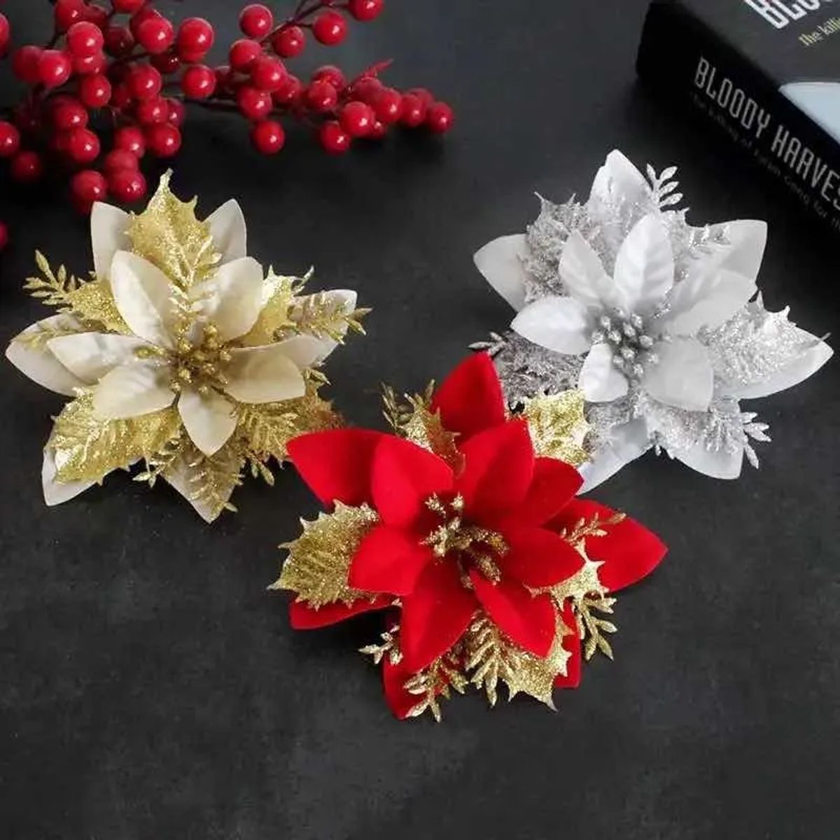 GENERICO - Flores Navideñas Adorno De Navidad Set De 10 Flores De 10cm