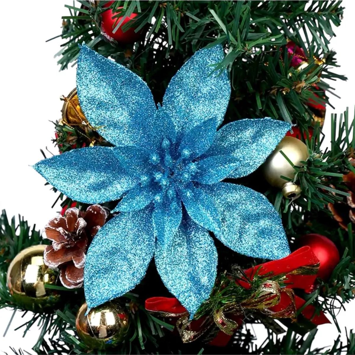 GENERICO - Flores Navideñas Con Clip 6cm Brillantes Con Glitter 10unid