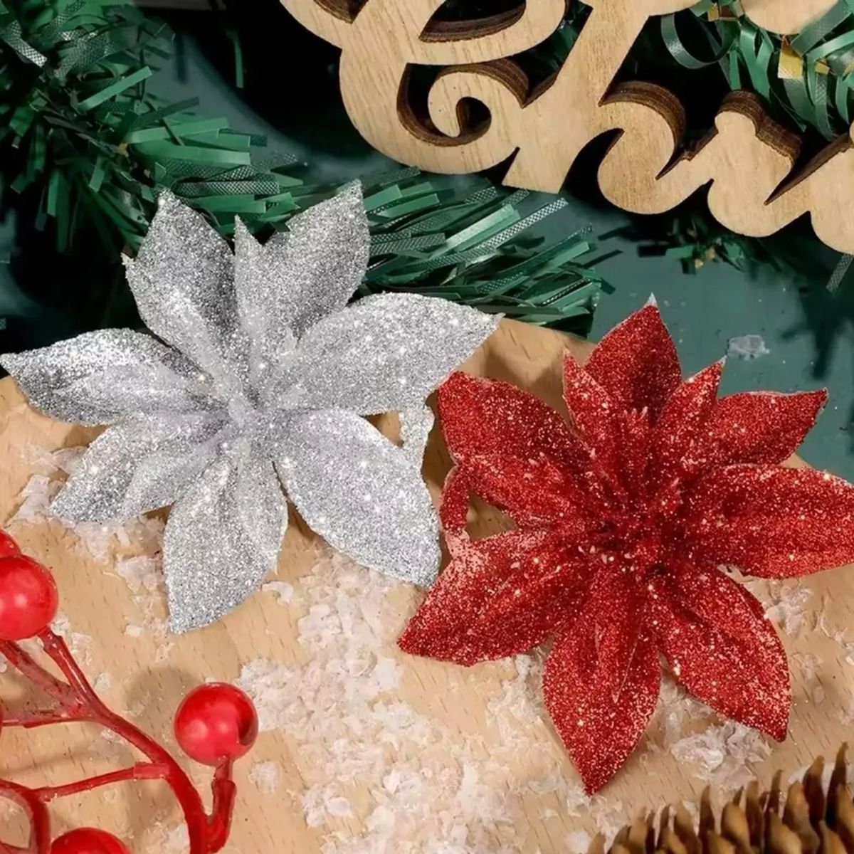 GENERICO - Flores Navideñas Con Clip 6cm Brillantes Con Glitter 10unid