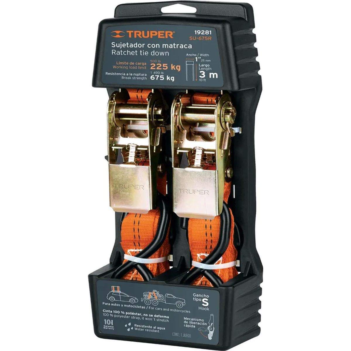 GENERICO - 2 Eslingas Crique Traca Sujetador 3mts Reforzado Autos Moto Color Naranja