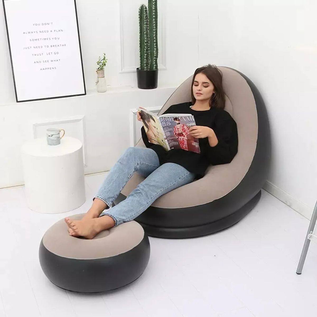 GENERICO - Sofa Inflable Puff Tumbona Con Reposa Pies Negro