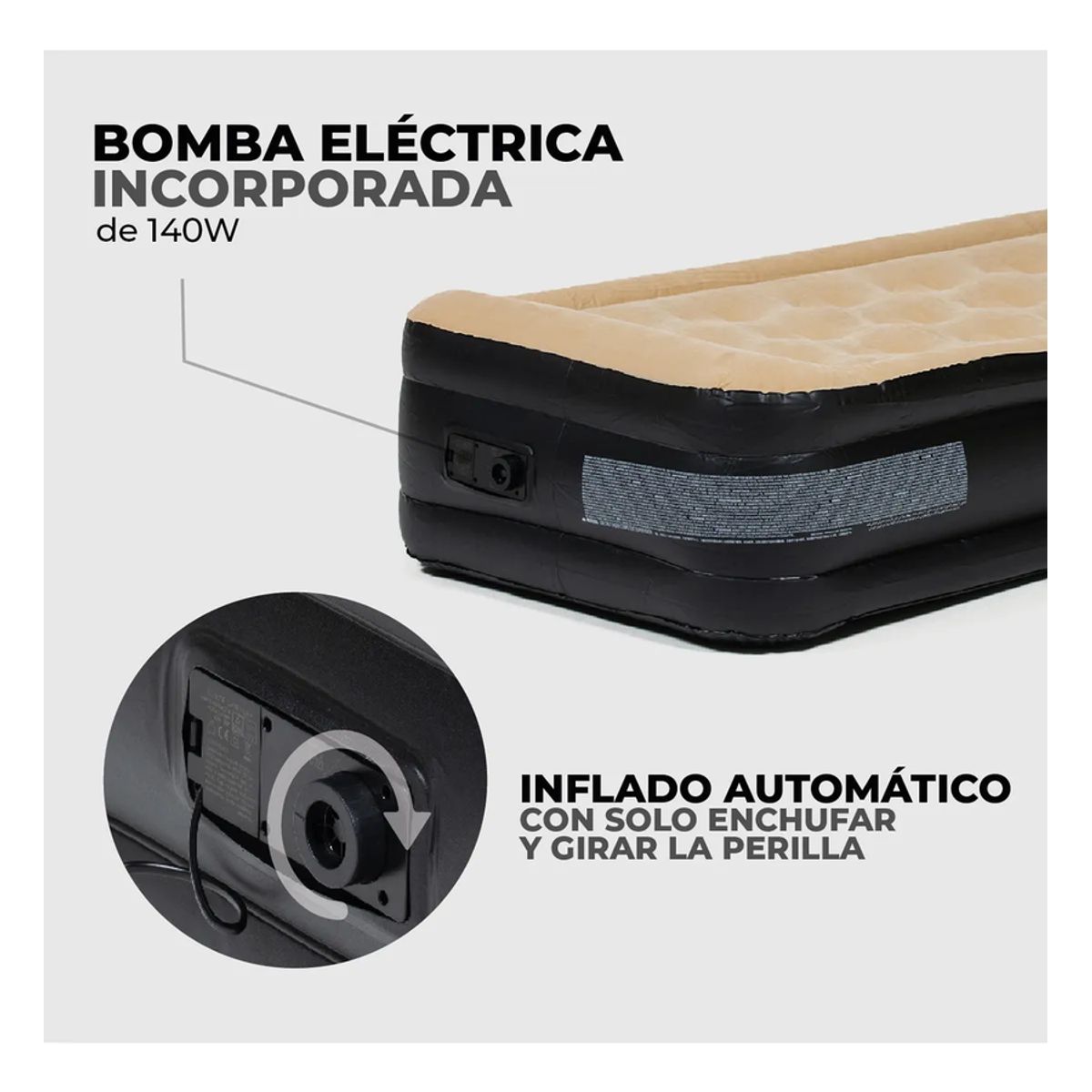 GENERICO - Colchón Inflable Eléctrico Kano Autoinflable Individual Color Beige 1 Plaza Cama para Camping Doble Altura.
