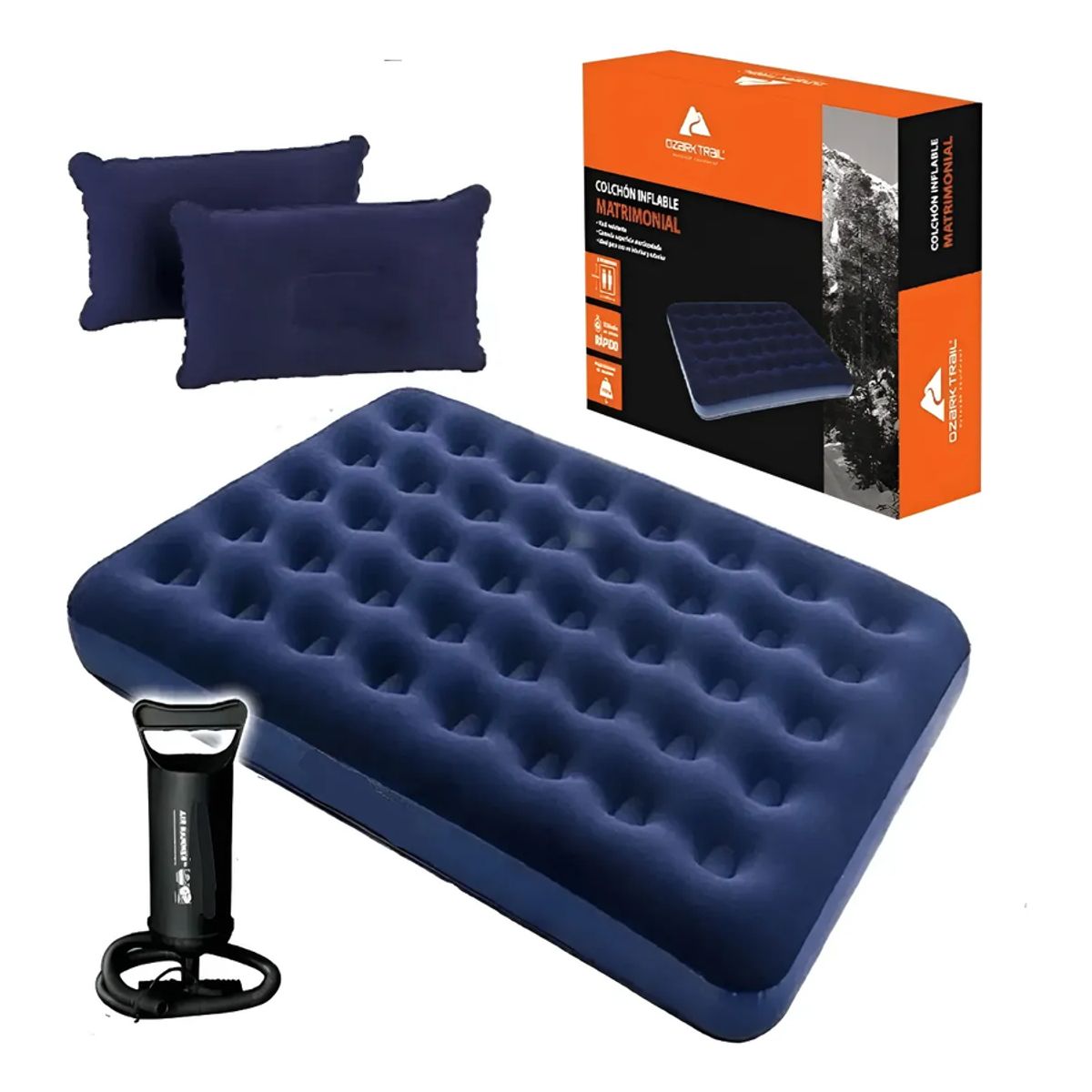 GENERICO - Colchon Inflable 2 Plazas Almohadas Y Bombin Camping Visitas Azul