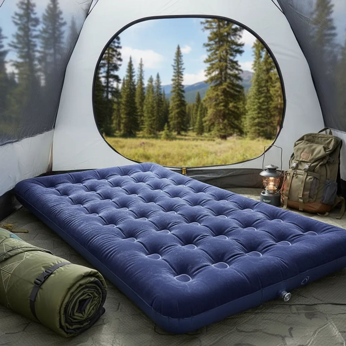 GENERICO - Colchon Inflable 2 Plazas Almohadas Y Bombin Camping Visitas Azul