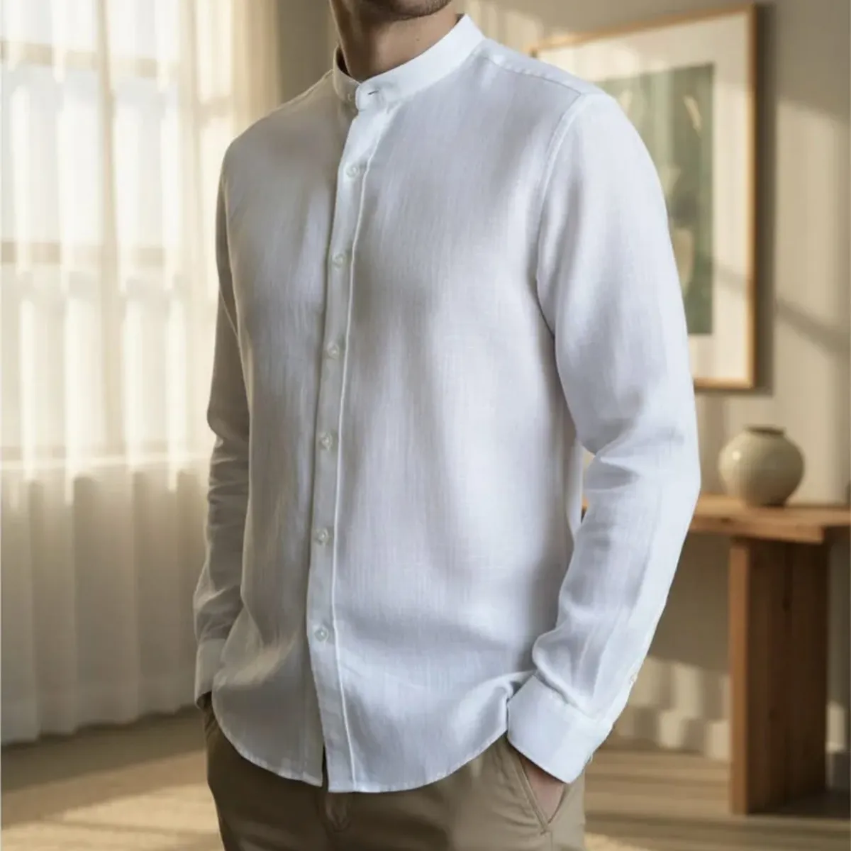 BLUE MOUNTAIN - Camisa Lino Cuello Mao Hombre Manga Larga