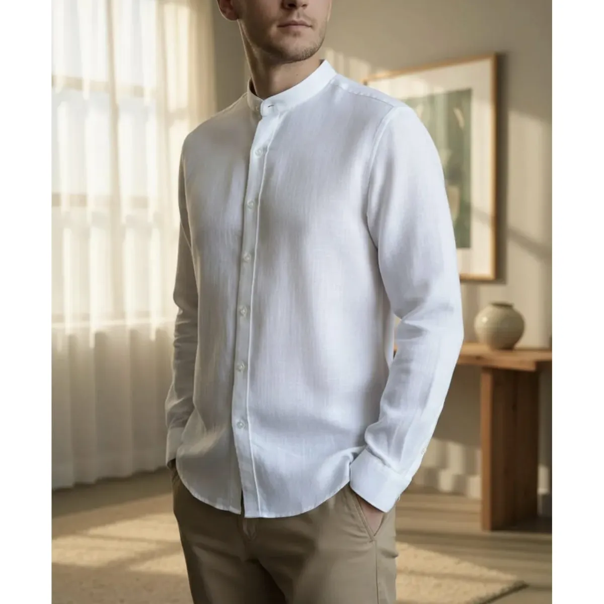 BLUE MOUNTAIN - Camisa Lino Cuello Mao Hombre Manga Larga