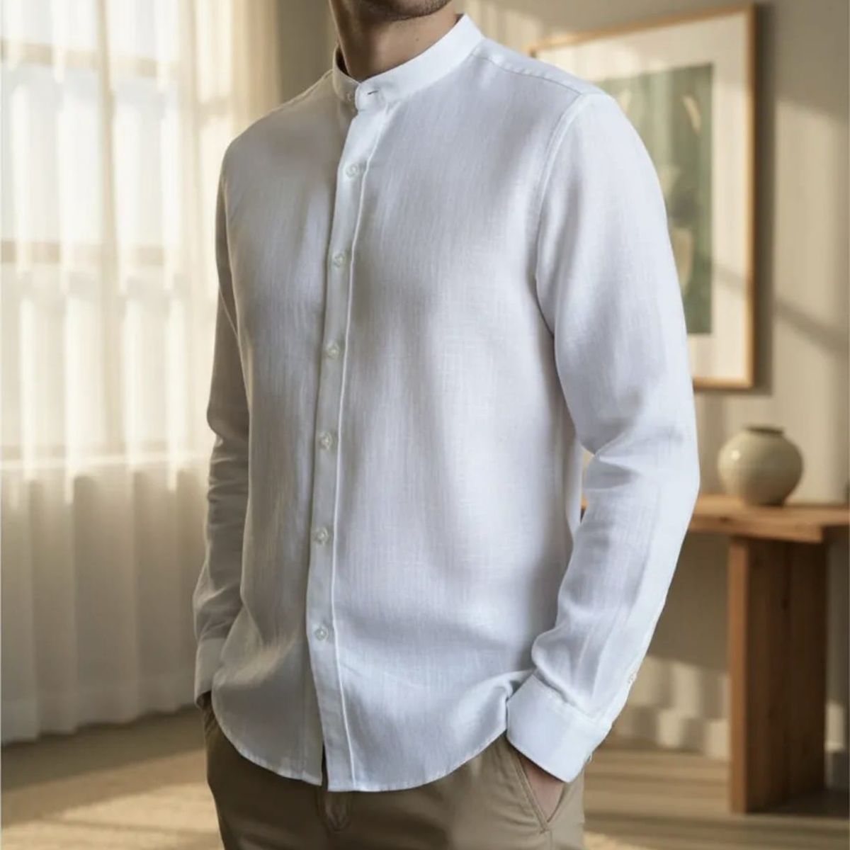 BLUE MOUNTAIN - Camisa Lino Cuello Mao Hombre Manga Larga