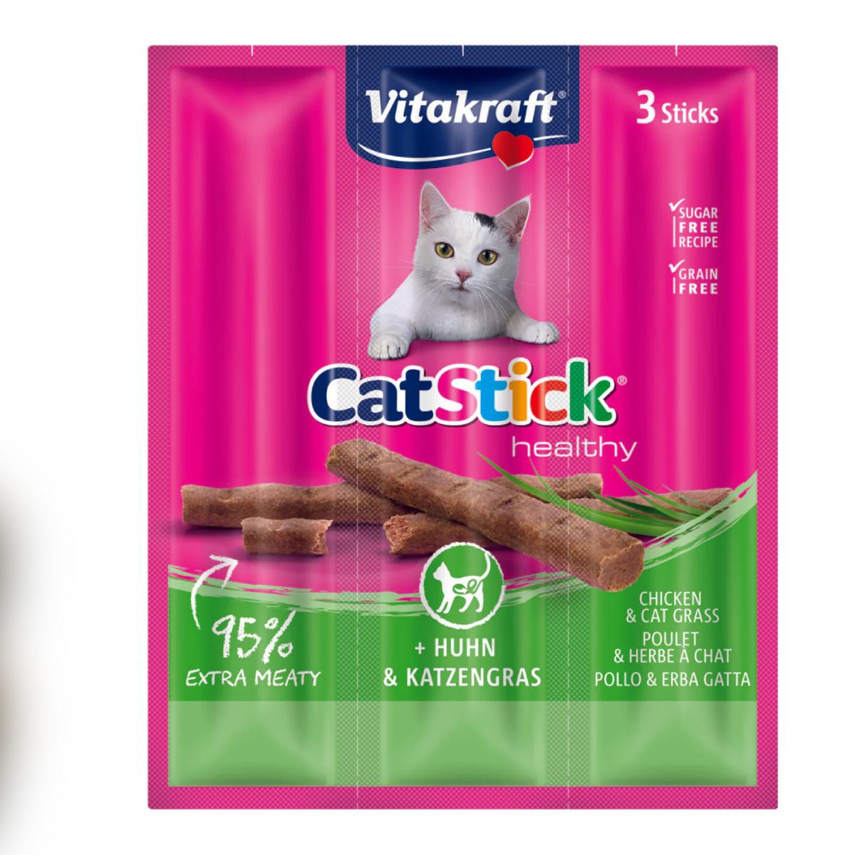 VITAKRAFT - Snack Vitakraft Cat Stick Pollo y Hieba Gatera, 3 Sticks