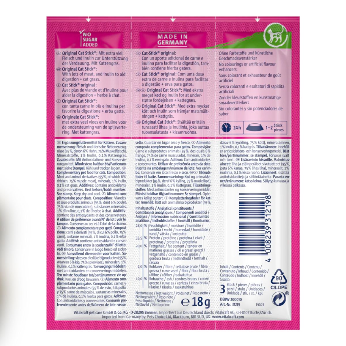 VITAKRAFT - Snack Vitakraft Cat Stick Pollo y Hieba Gatera, 3 Sticks