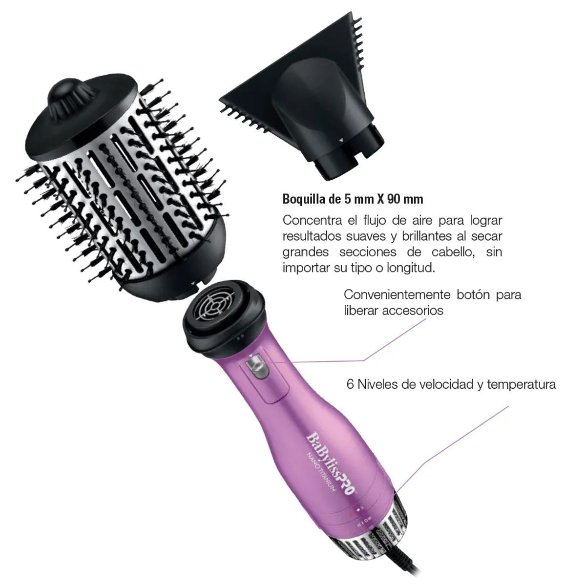 BABYLISS PRO - Cepillo Secador Nano Titanium 69mm Babyliss 2 en 1 Pink Crocus