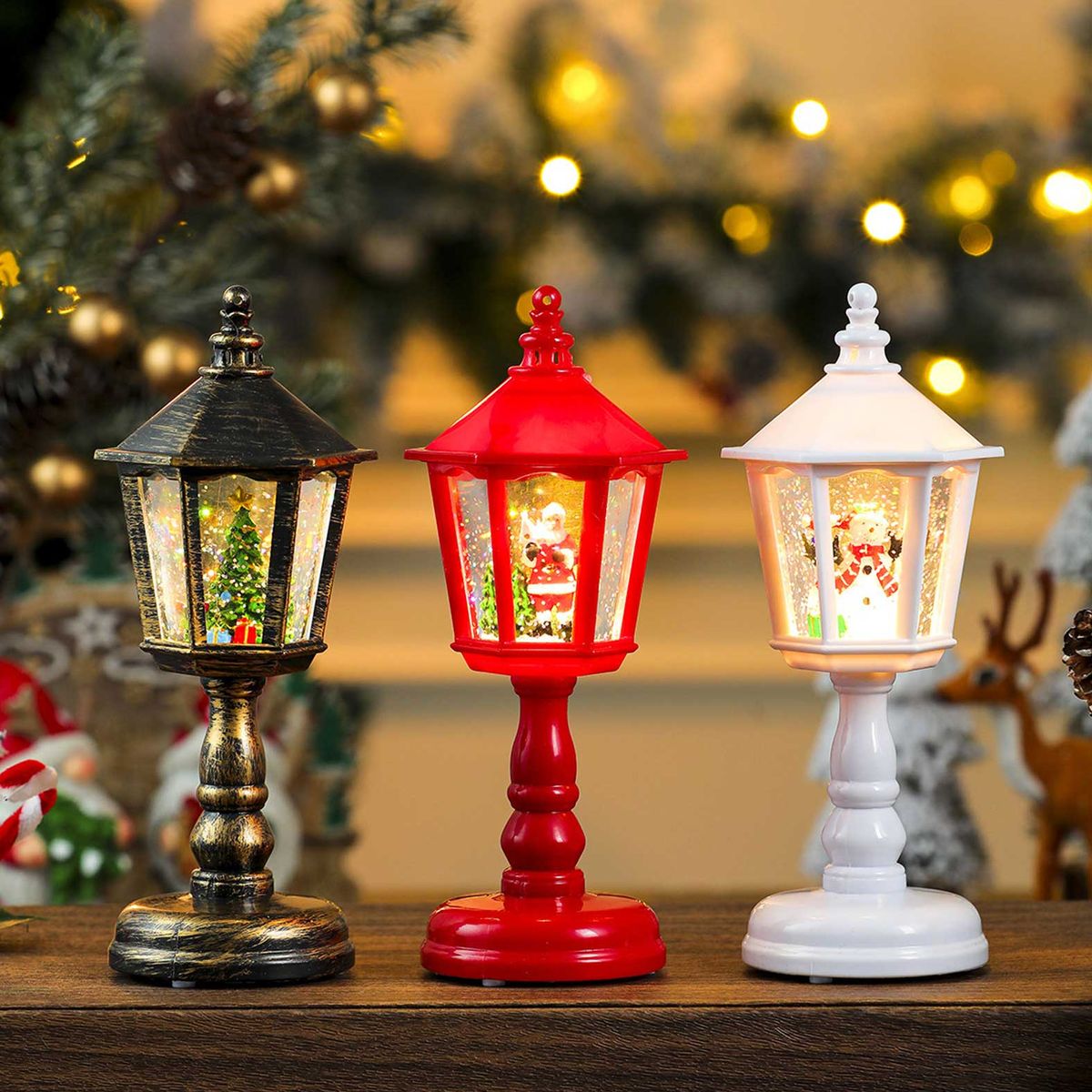 GENERICO - Farol Navideño de Mesa con Efecto Nieve y Luces 21 cm Rojo
