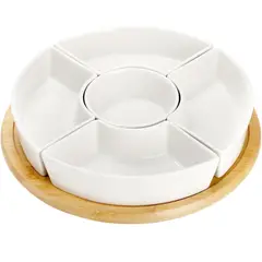 GENERICO - Set Picoteo Tabla + 5 Pocillos Blancos Multiuso Para Servir