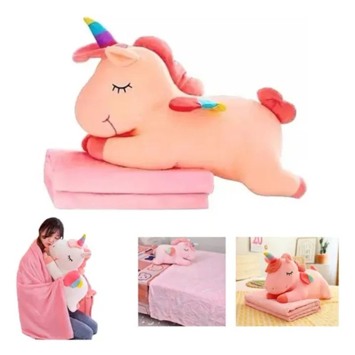 DIANA - PELUCHE 3 EN 1 CON DISEÑO DE UNICORNIO ROSA 45CM INCLUYE MANTA UNICOLOR DE 1 PLAZA