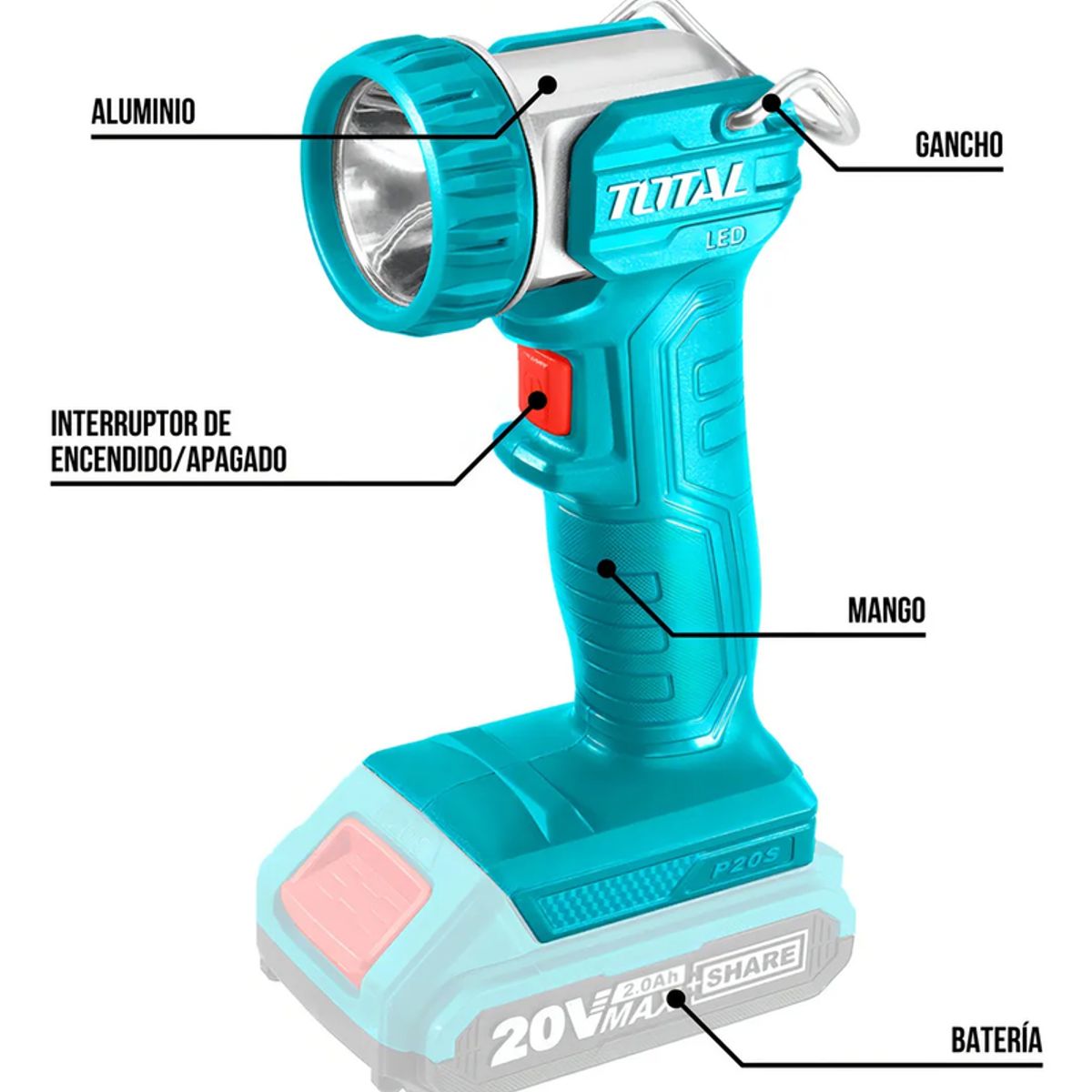 GENERICO - Linterna Lámpara Inalámbrica 20v 270 Lúmenes Total Linterna Pantone 322c Luz Blanco
