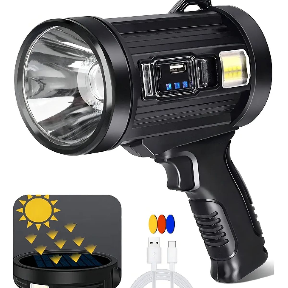 GENERICO - Linterna Pistola Recargable Usb Solar Colores Linterna Negro Luz Blanco