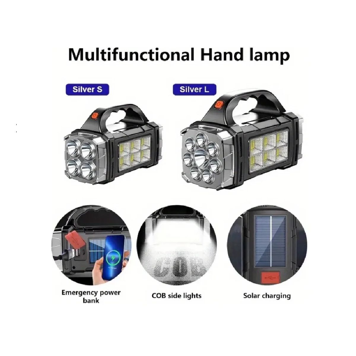 GENERICO - Linterna Foco Led Solar Multifuncion Xpe+8led+ 6cob Negro