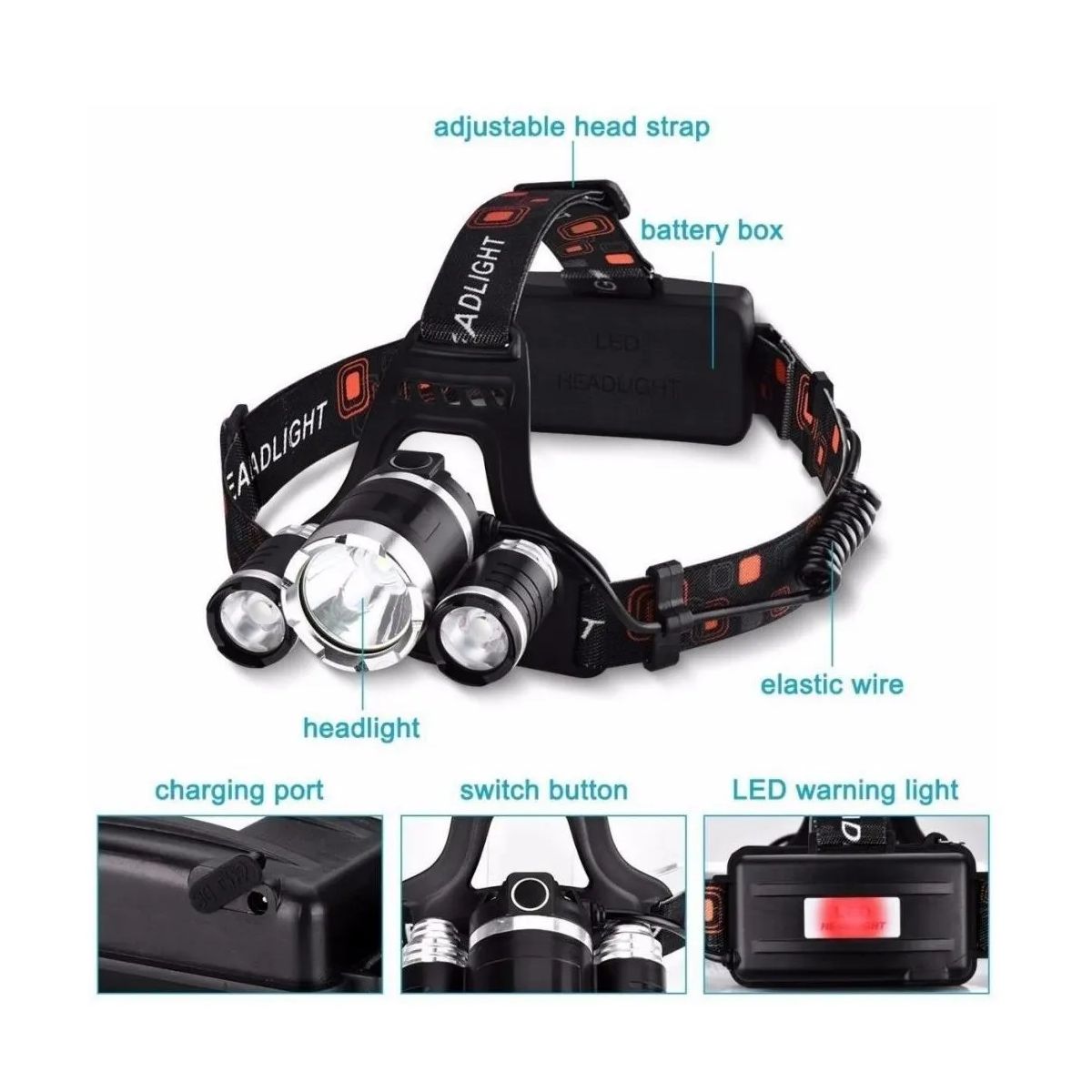 GENERICO - X3 Linterna Cabeza Frontal Cintillo Luz Trasera T6