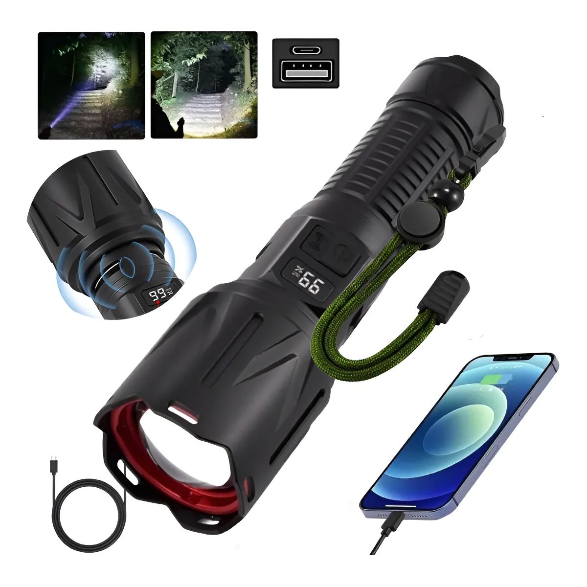 GENERICO - 12000lm Linterna Led Táctica Recargable Con Sirena