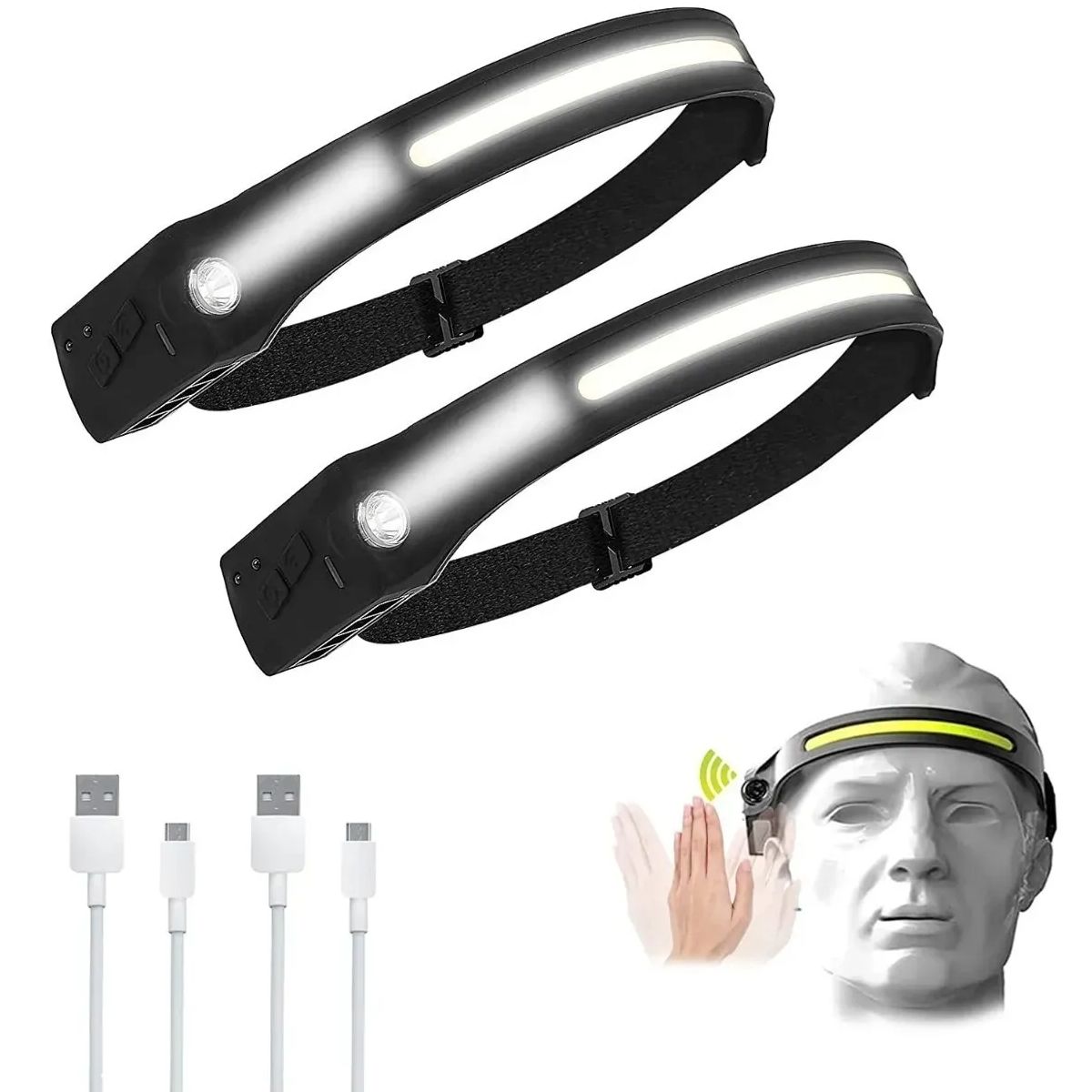 GENERICO - Linterna Led Frontal Cintillo X2 Recargable Auto Encendido Negro Blanco