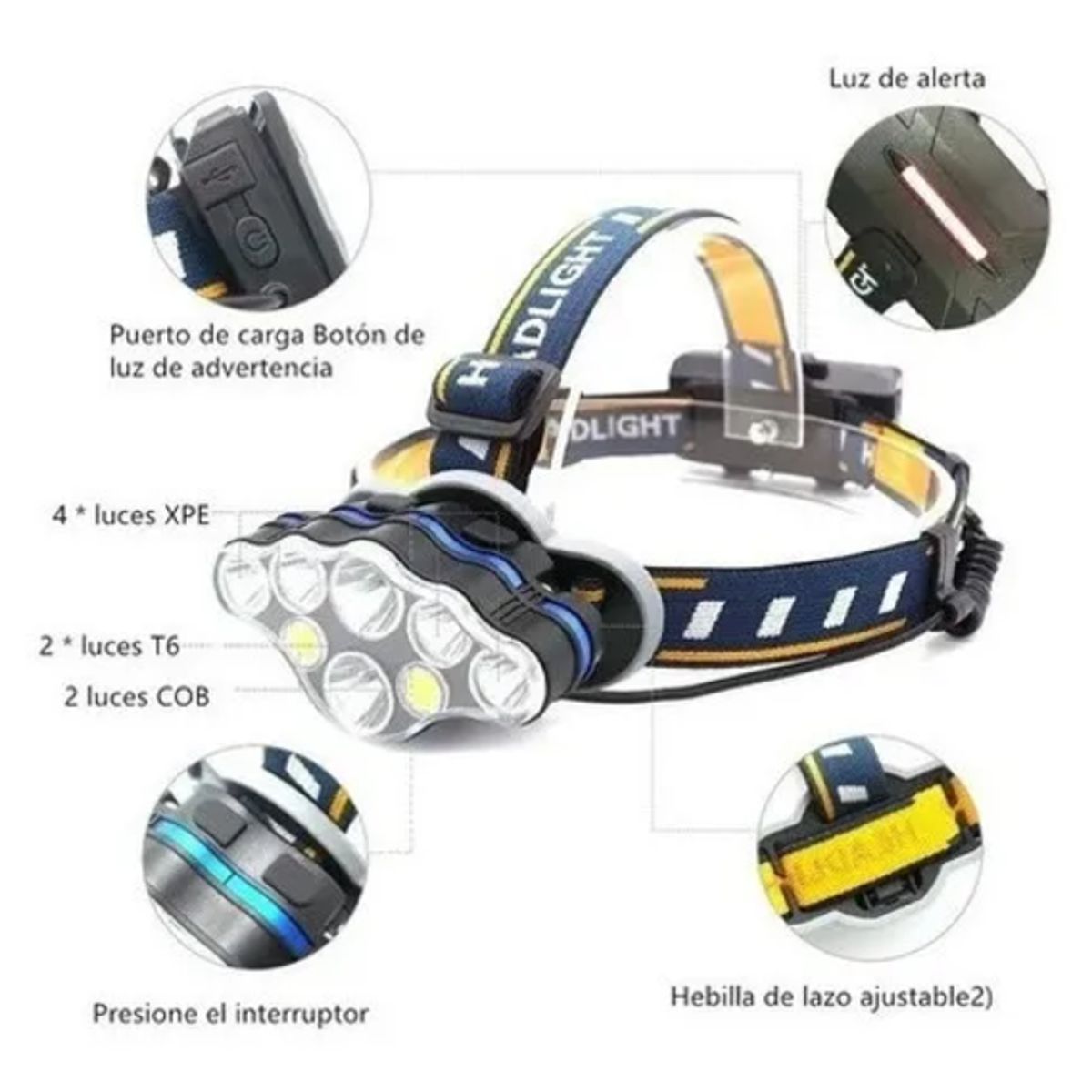 GENERICO - Linterna Minero Cabeza Recargable 8 Leds Potente 2 Baterias Blanco Negro