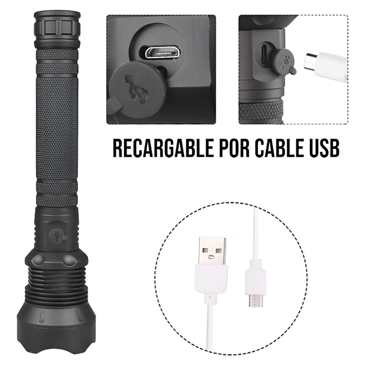 GENERICO - Potente Linterna Led P90 De Carga Usb Aleación De Aluminio Blanco