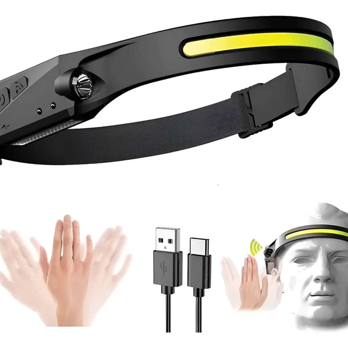 GENERICO - Linterna Led Frontal Cintillo Recargable Deporte Con Envío Blanco Negro