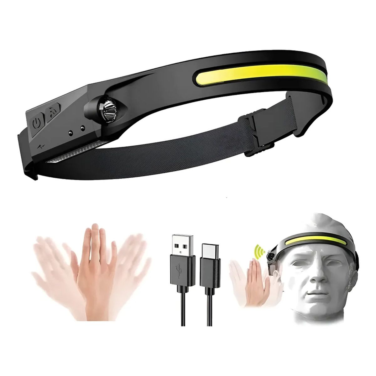 GENERICO - Linterna Led Frontal Cintillo Recargable Deporte Con Envío Blanco Negro
