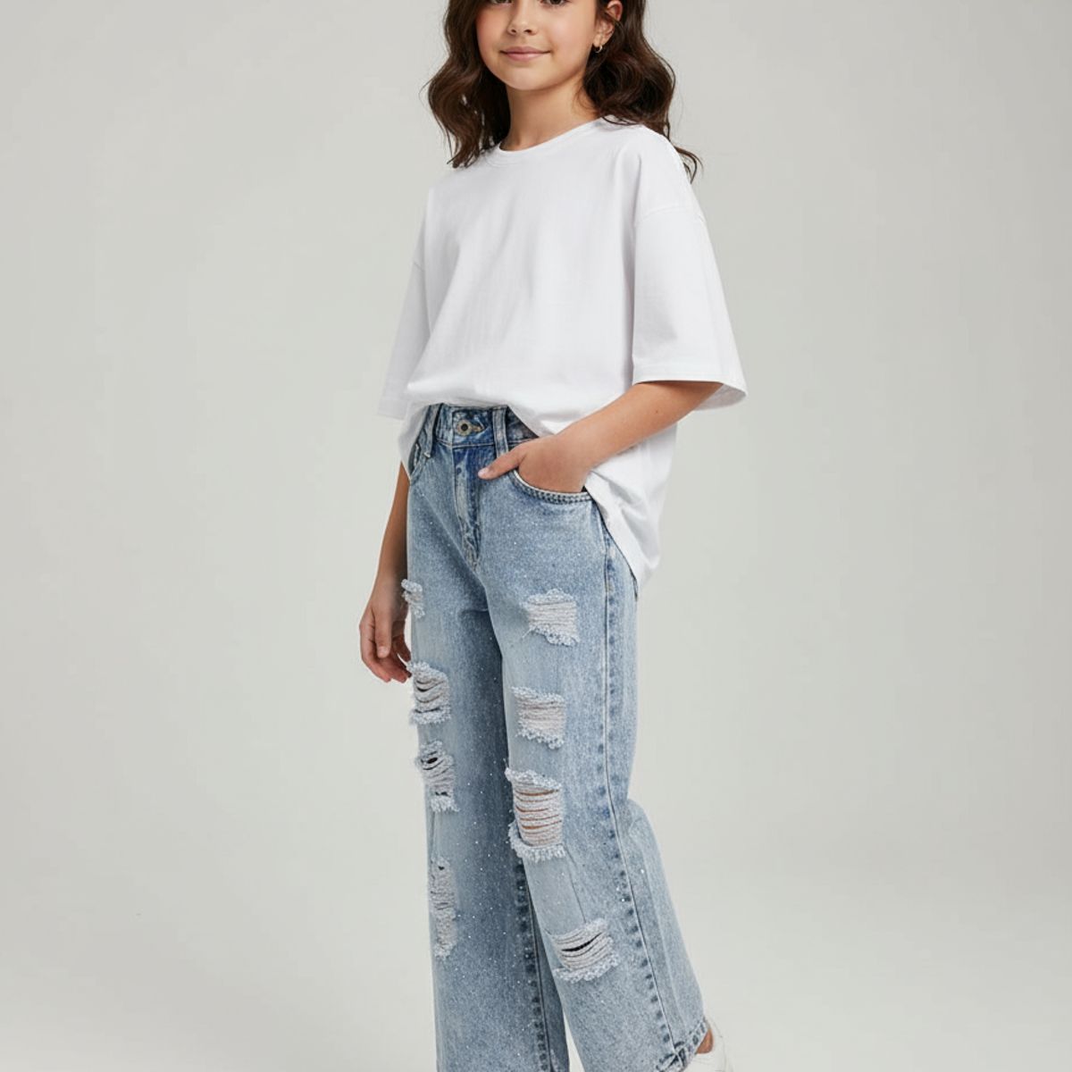 KIBOU - Pantalón Jeans Niña Con Brillo Y Diseño Rasgado