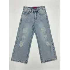 KIBOU - Pantalón Jeans Niña Con Brillo Y Diseño Rasgado