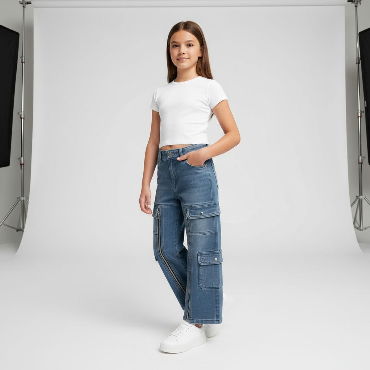 KIBOU - Jeans Cargo Niña Estilo Urbano con Bolsillos Funcionales y Cierres
