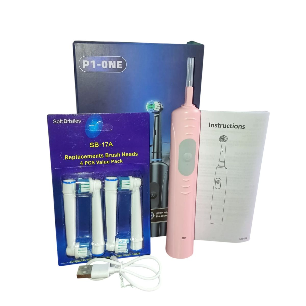 GENERICO - Cepillo Dental Eléctrico Rosa Recargable Con 4 Cabezales