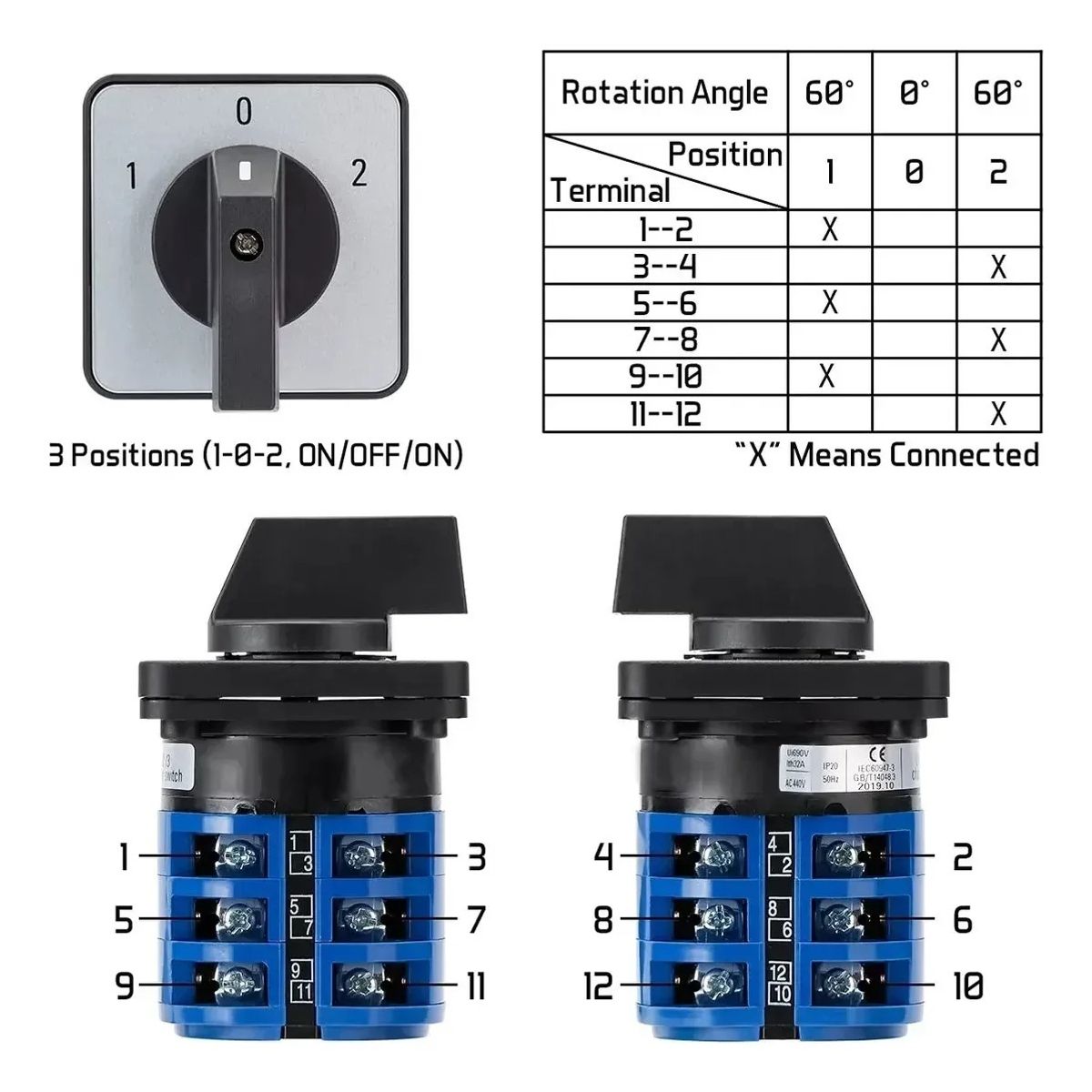 GENERICO - Selector Tipo Pacco 3 Posiciones 32a 1-0-2 Conmutador 3polos