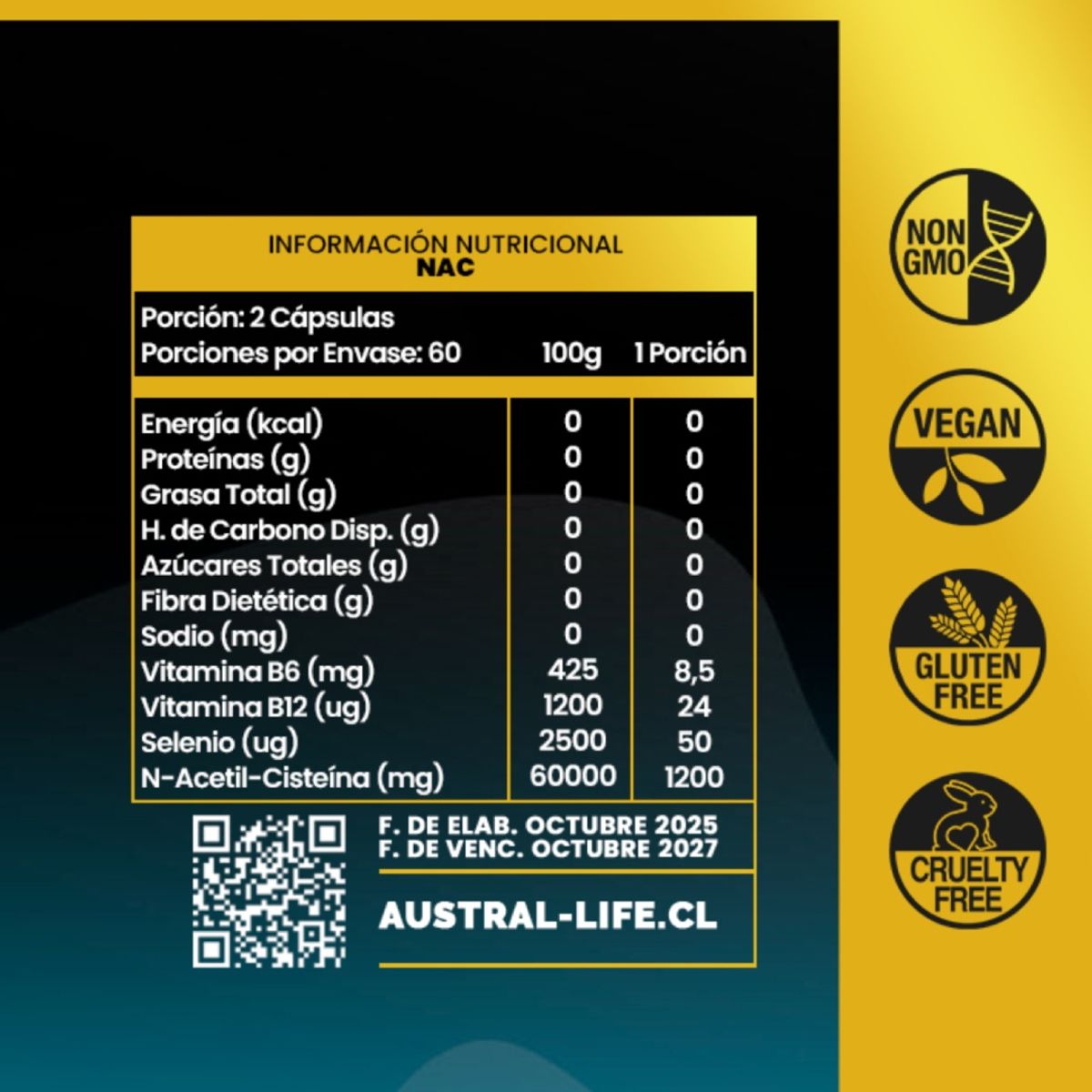 GENERICO - N-Acetil Cisteína (NAC) + Vitamina B - 120 Cápsulas - Austral Life